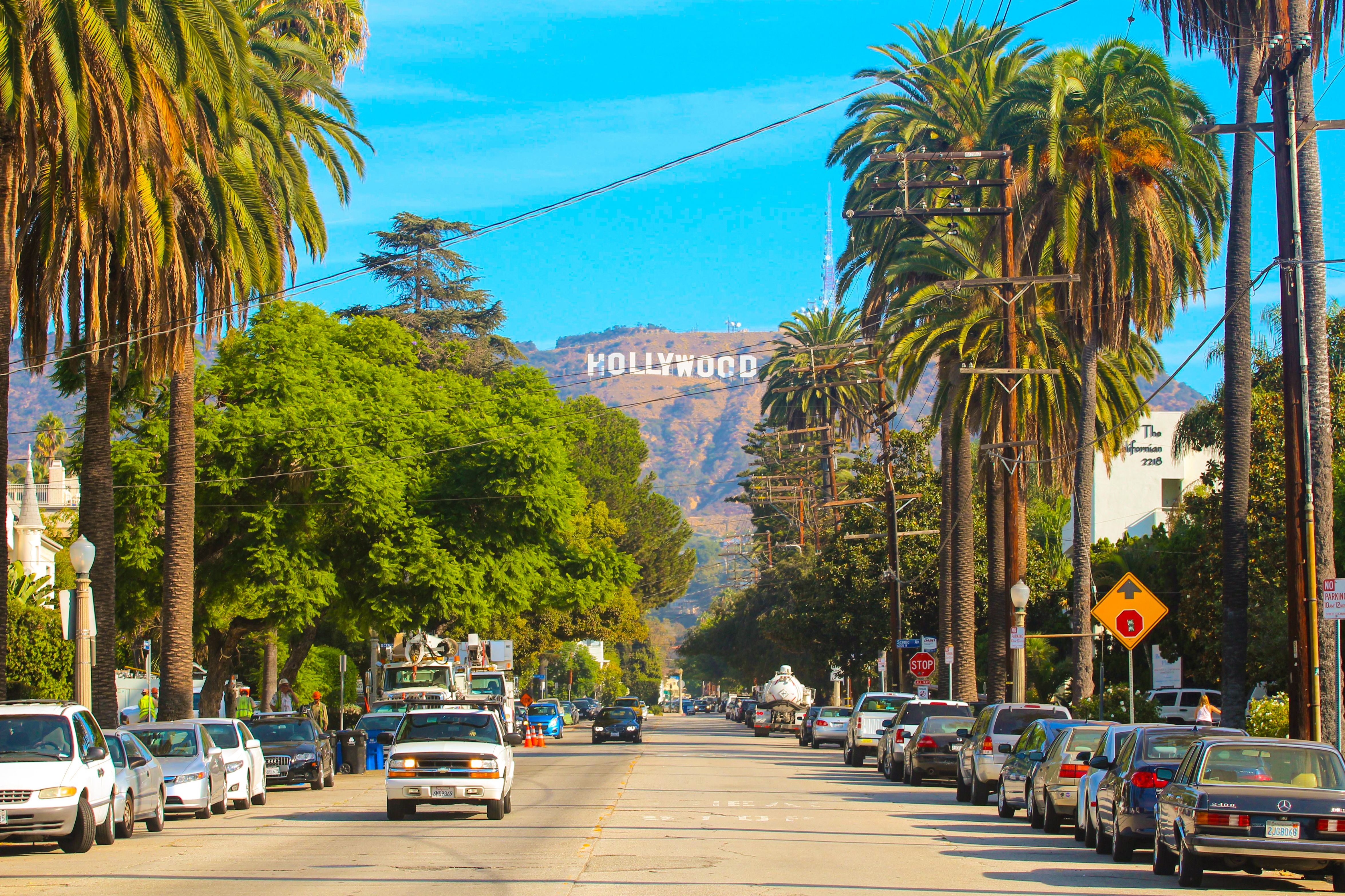 Cars driving along a palm tree-lined road with the Hollywood Sign in the distant background