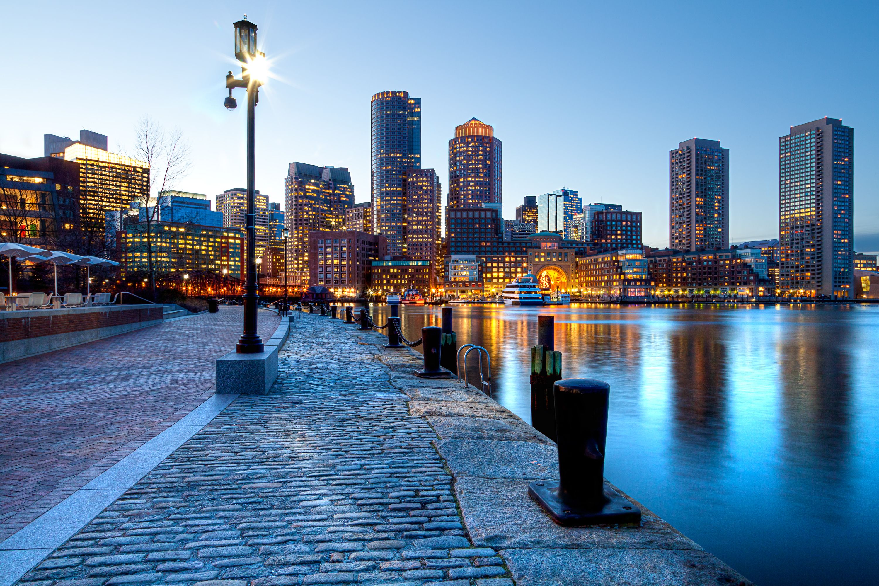 Boston Harbor and Financial District at sunset in Boston, Massachusetts