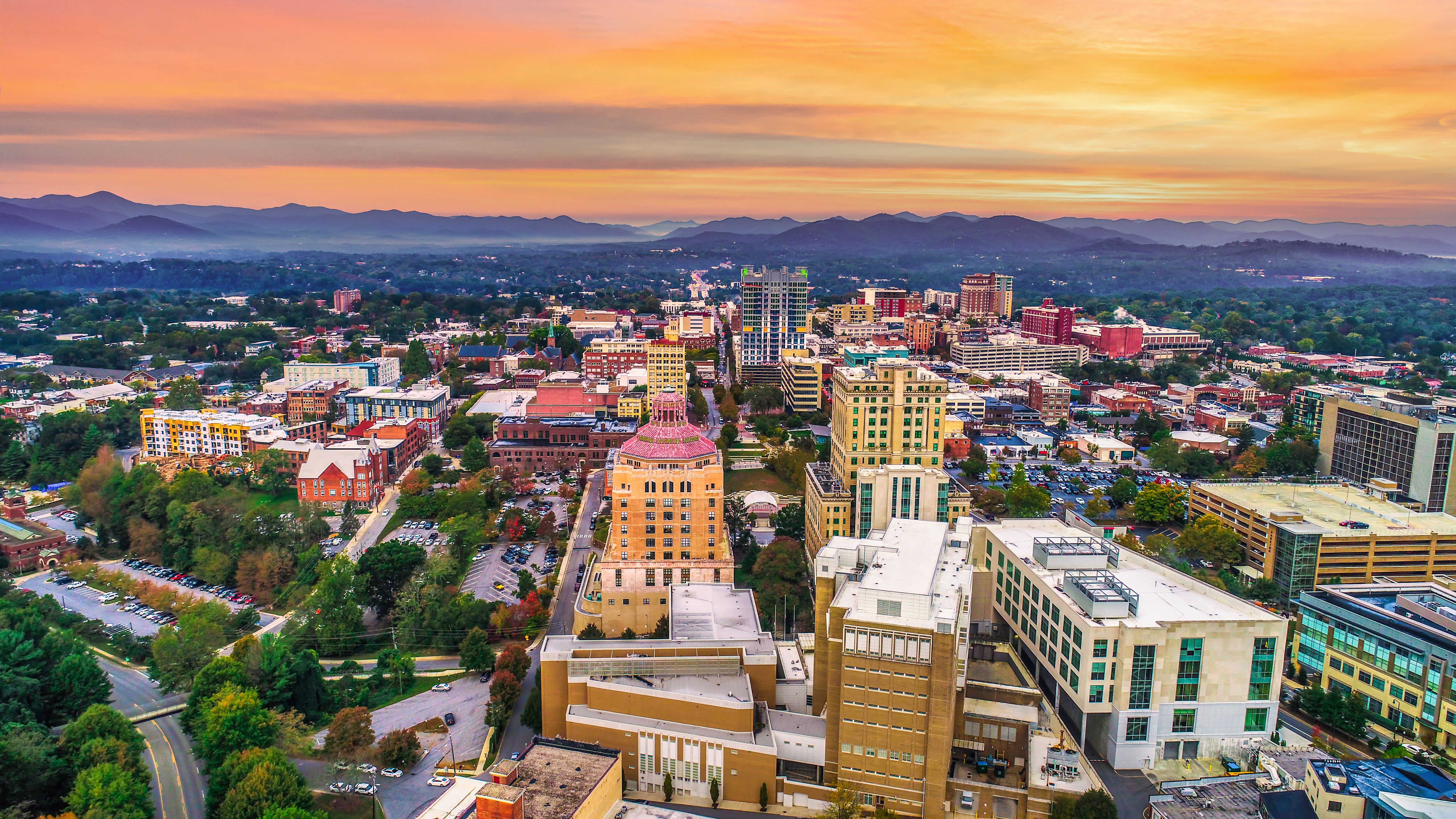 Downtown Asheville with mountain skyline
