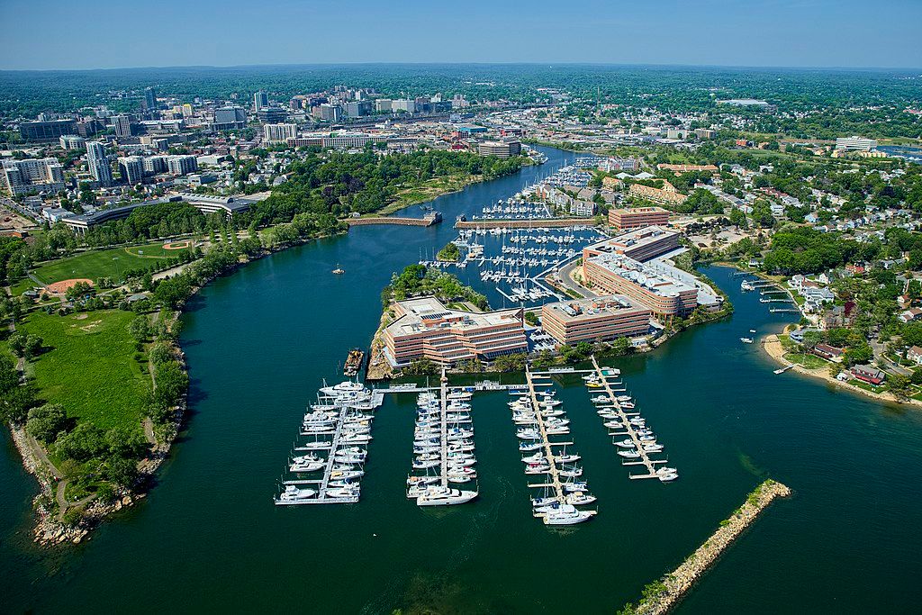 Stamford, Connecticut, Aerial View of the Harbor in Summertime