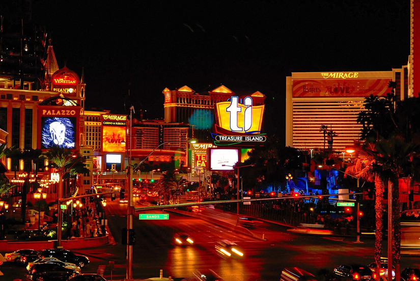 Casinos and hotels are lit up at night 