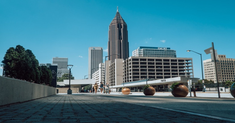 A street view of the Marta & Amtrak train station on Peachtree street in Atlanta, Georgia, USA