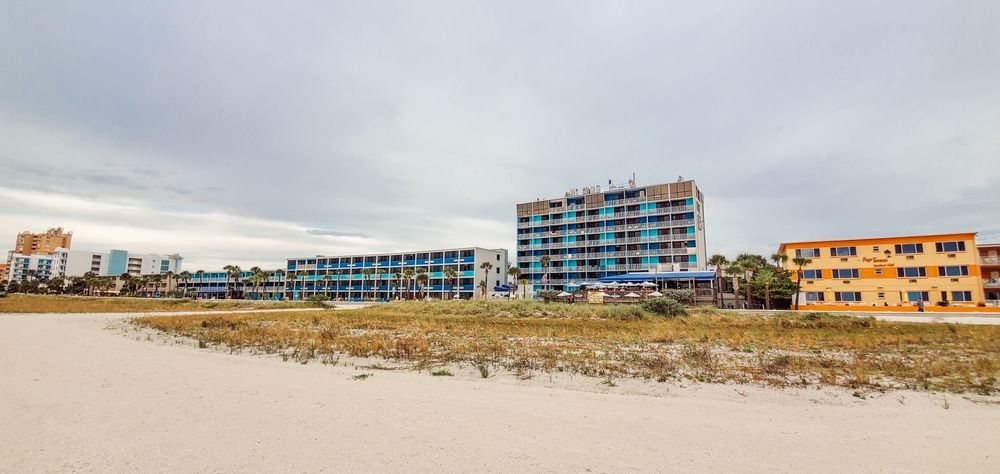 Famous Art Deco beach hotels on Treasure Island, Florida, along a white sandy beach