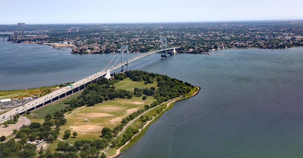 Aerial view of Throgs Neck Bridge connects the Bronx with Queen in New York City