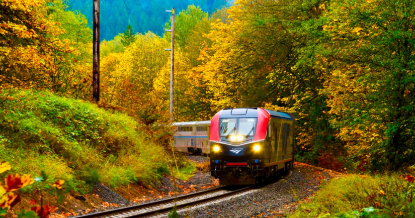 Amtrak Empire Builder passenger train on a damp fall morning