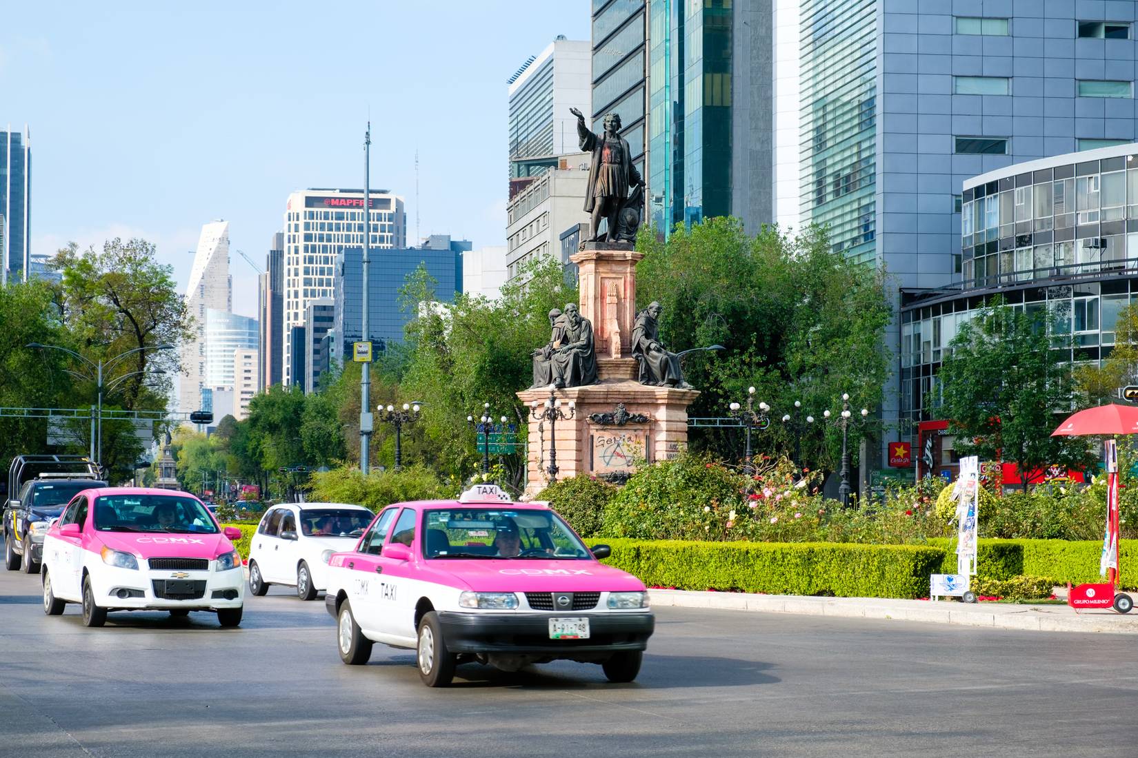 Street scene next to the Columbus Monument in Mexico City, Mexico