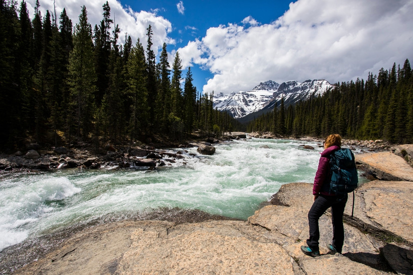 Young woman in Mistaya Canyon, Banff National Park in Canada