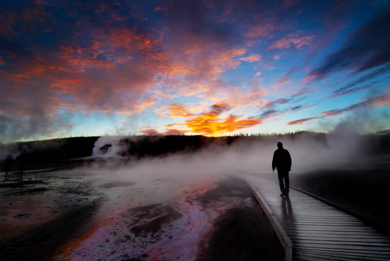 Sunrise near the geysers at Yellowstone National Park