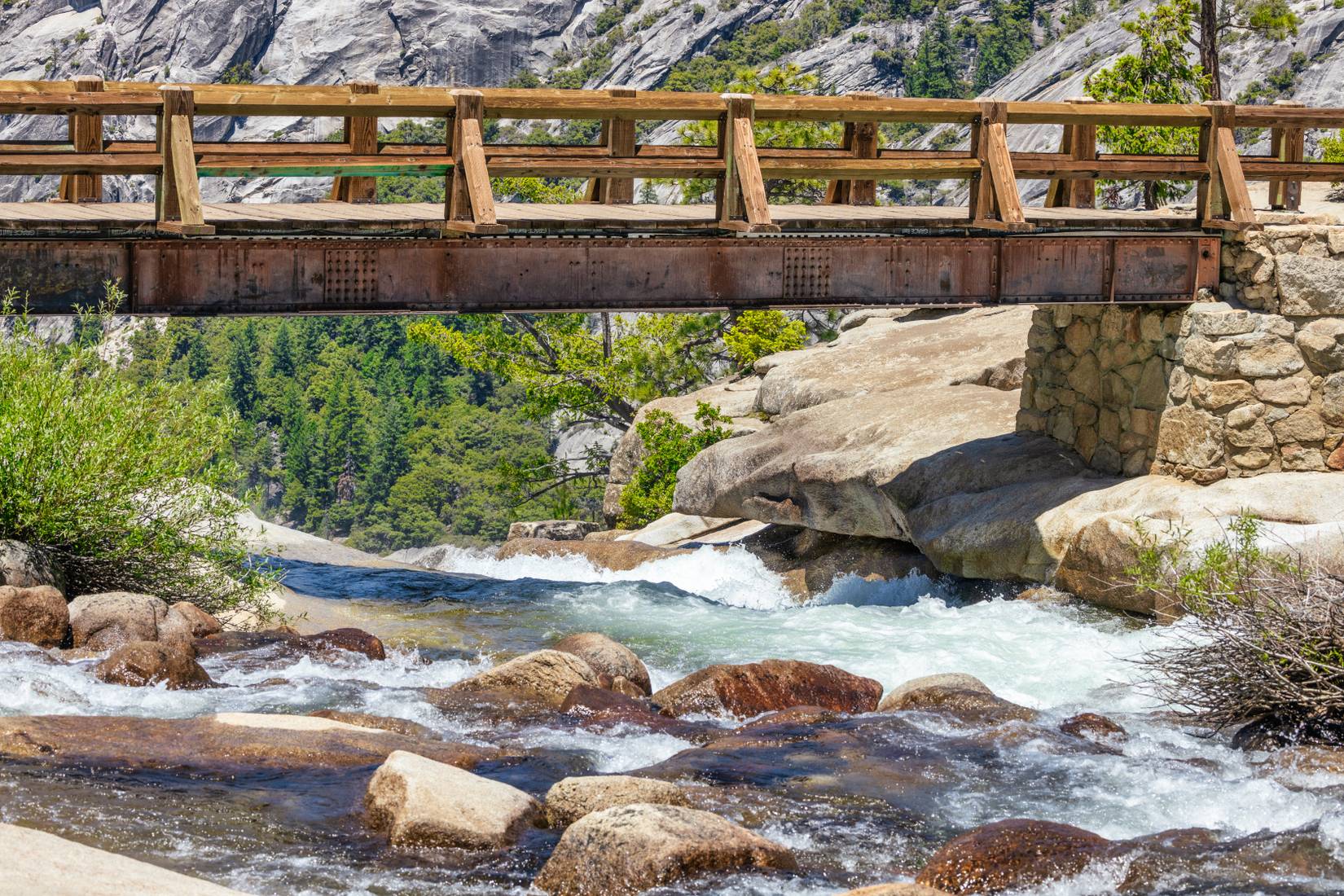 Summer aerial view of Nevada Fall waterfall on Merced River from Mist trail in Yosemite National Park