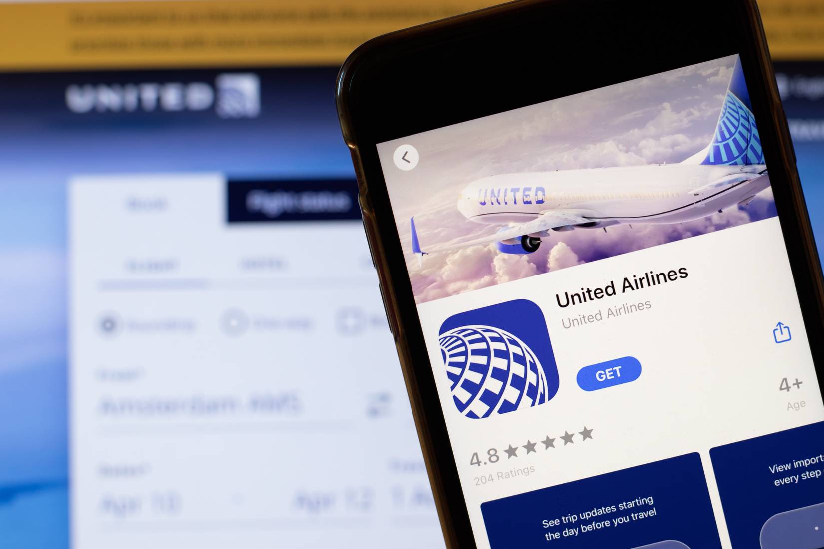 United Airlines app logo on phone screen 