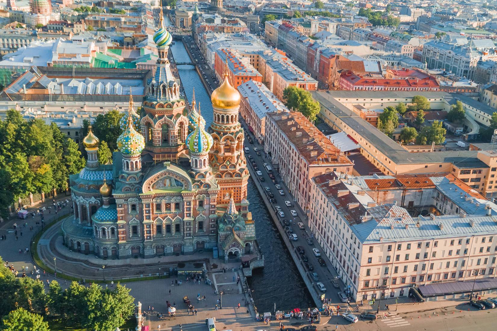 Aerial view of the Savior on Spilled Blood and the channel in Saint Petersburg, Russia