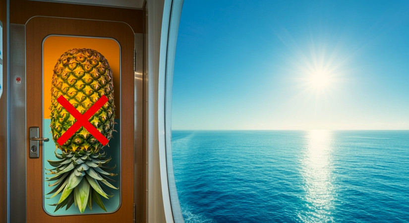 Upside-down pineapple door decoration on a cruise ship stateroom cabin door that is banned