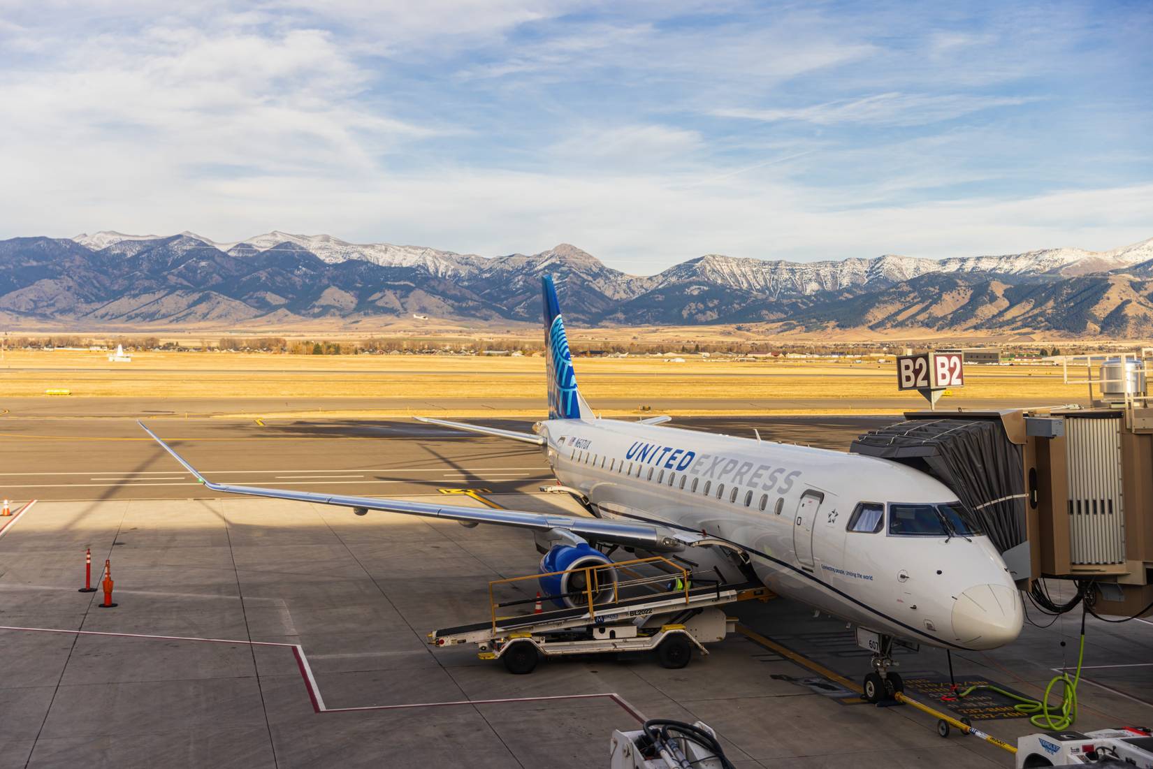 View of an airplane from United Airlines at the Bozeman Yellowstone International Airport BZN