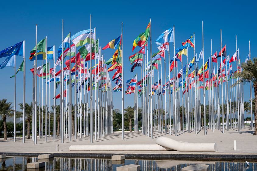 Doha, Qatar - January 23, 2025 - The Flag Plaza, displays 119 flags from countries with authorized diplomatic missions, including flags of the European Union, the United Nation and the GCC.