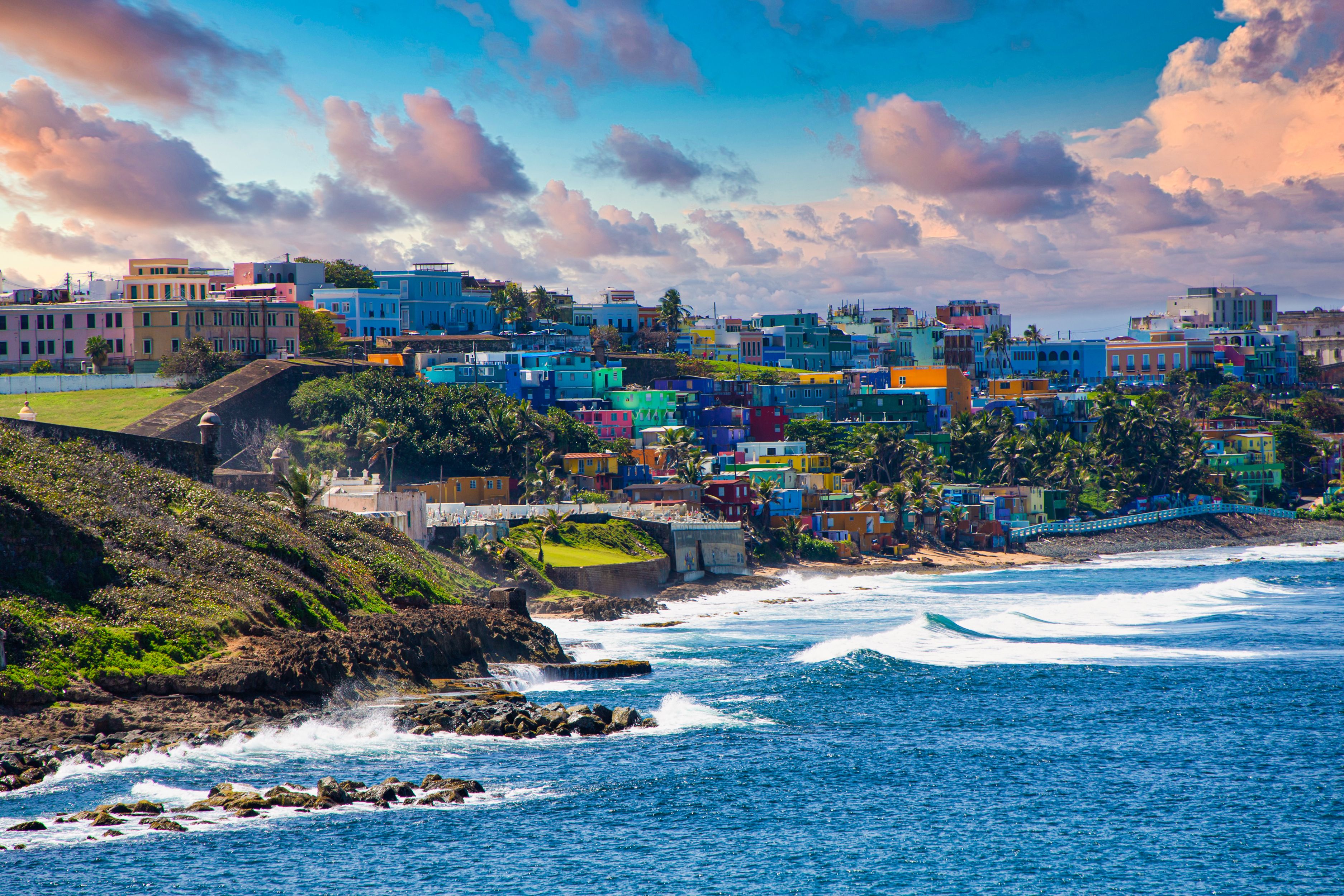 View of Old San Juan and its colorful buildings as it runs into the coast in Puerto Rico, USA