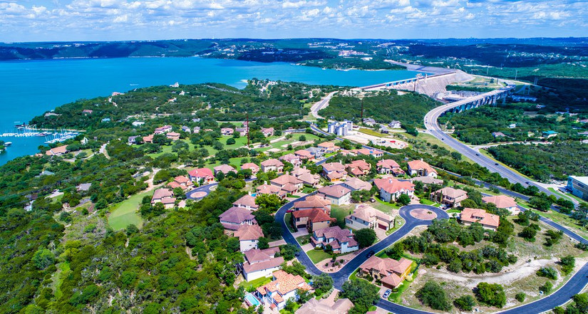 Panoramic view of Lake Travis near Austin, Texas in the Texas Hill Country
