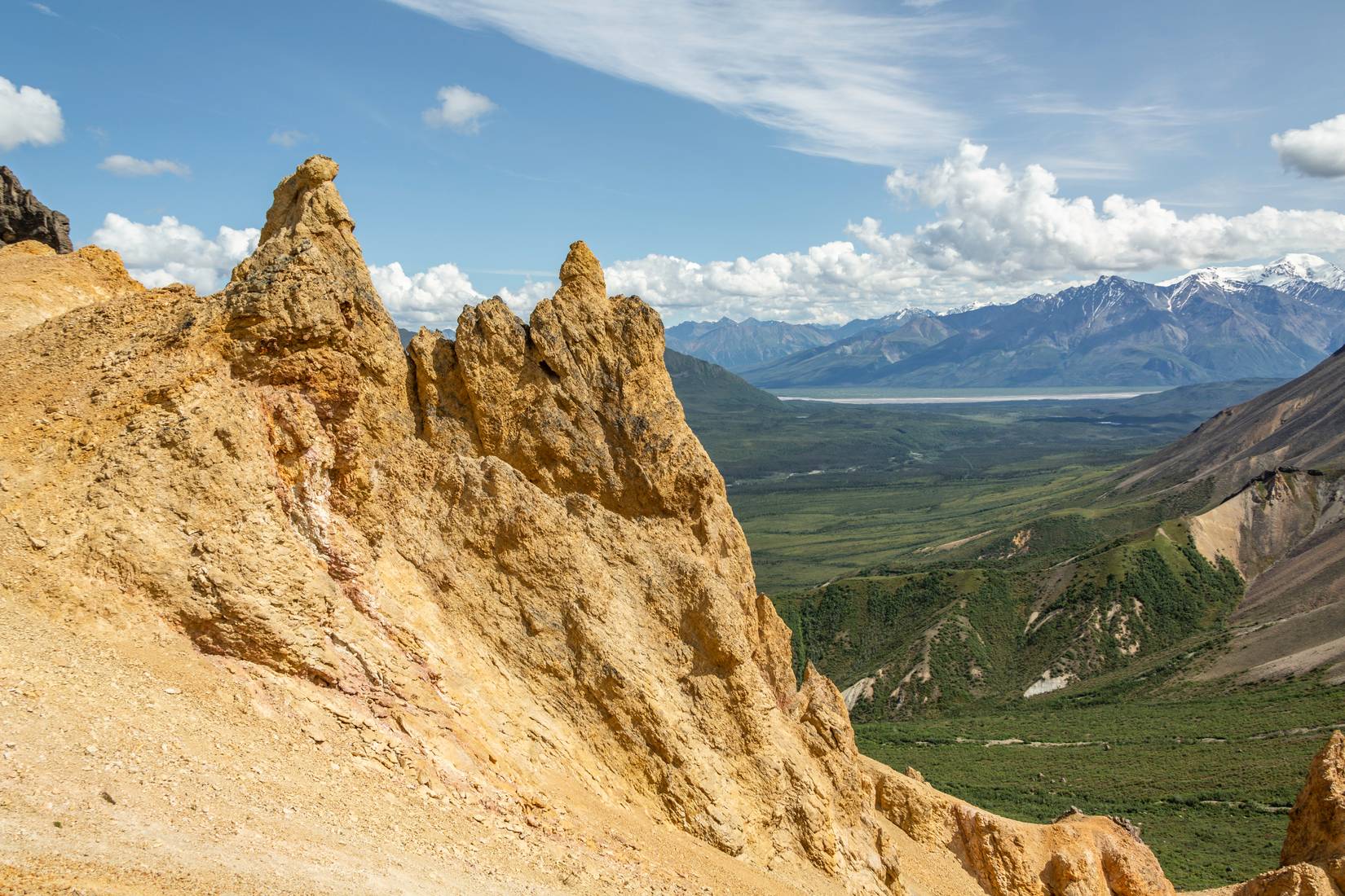 Dike formations on the ridge of Skookum Volcano in Wrangell St. Elias National Park, Alaska.