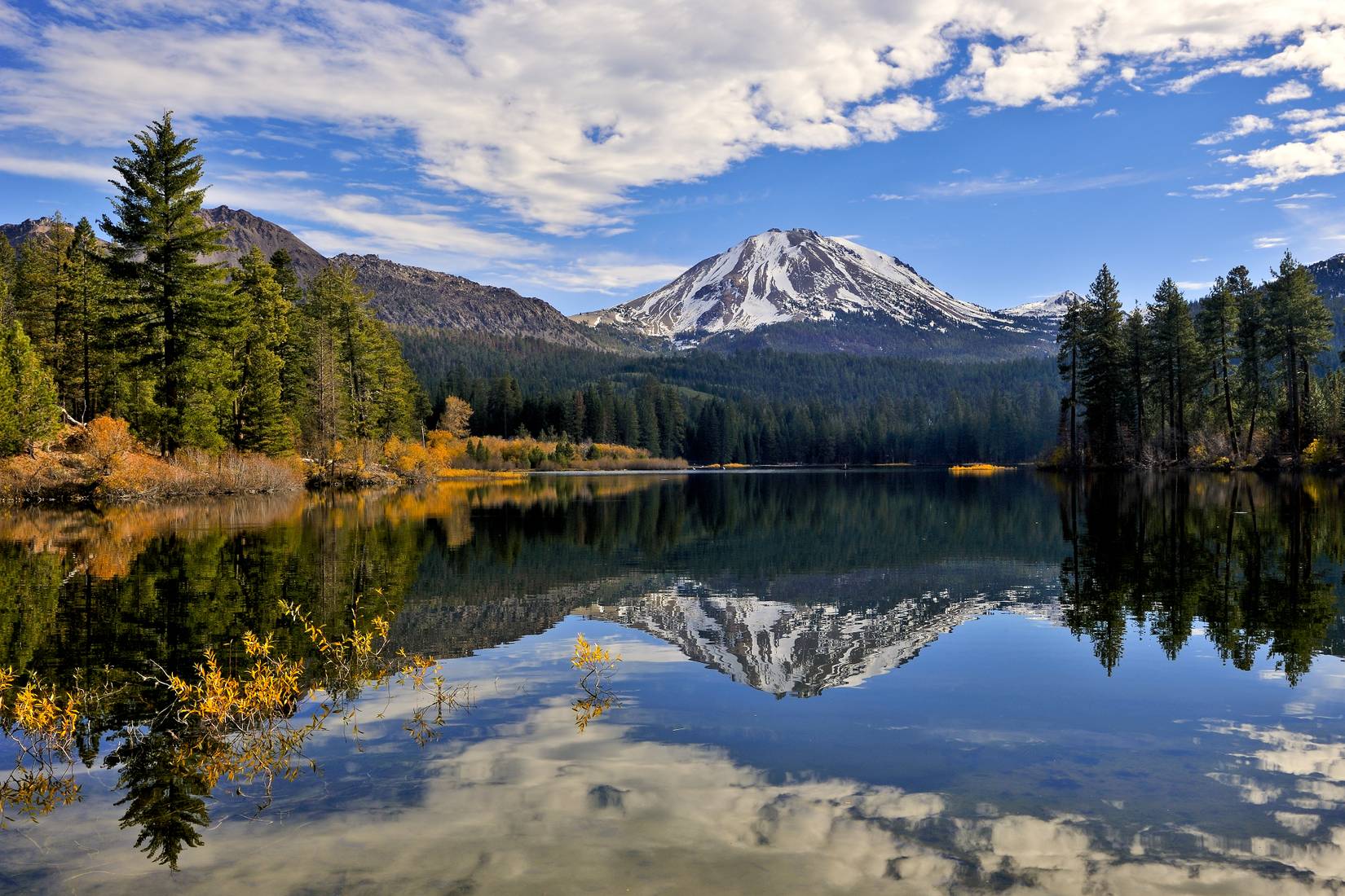 Reflection of peaks and lassen trees in Manzanita Lake in Lassen National Park