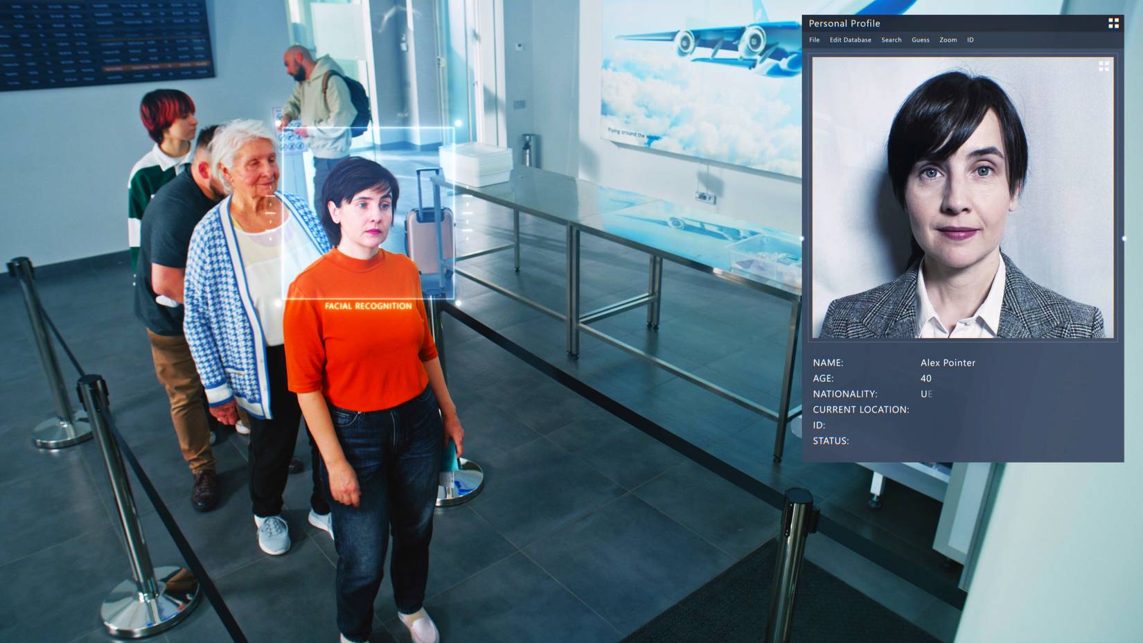 A person goes through airport security scanning and checks as their biometric and facial data appear on the screen