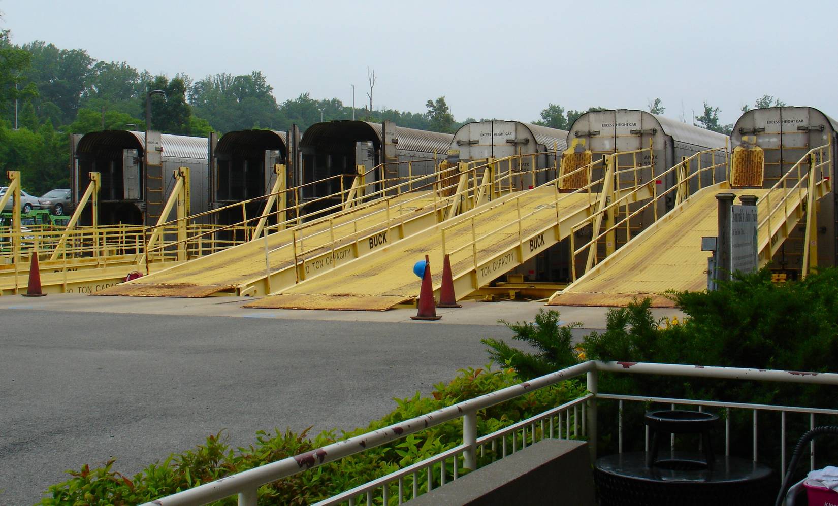 Auto Train autoracks lined up at their loading ramps