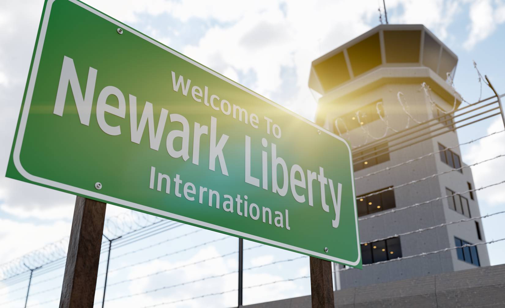 Newark Liberty International Airport Green Road Sign In Front of Air Traffic Control Tower