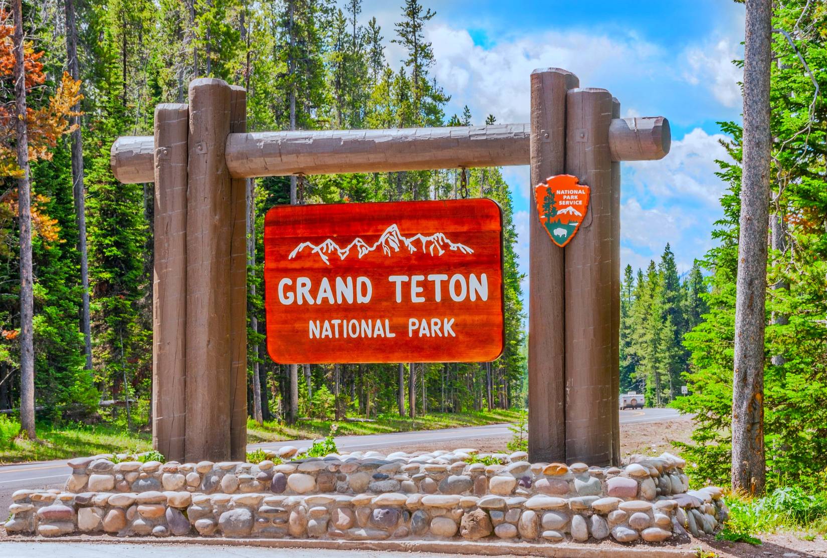National Park Service (NPS) welcome entrance sign at Grand Teton National Park, Wyoming, WY, USA