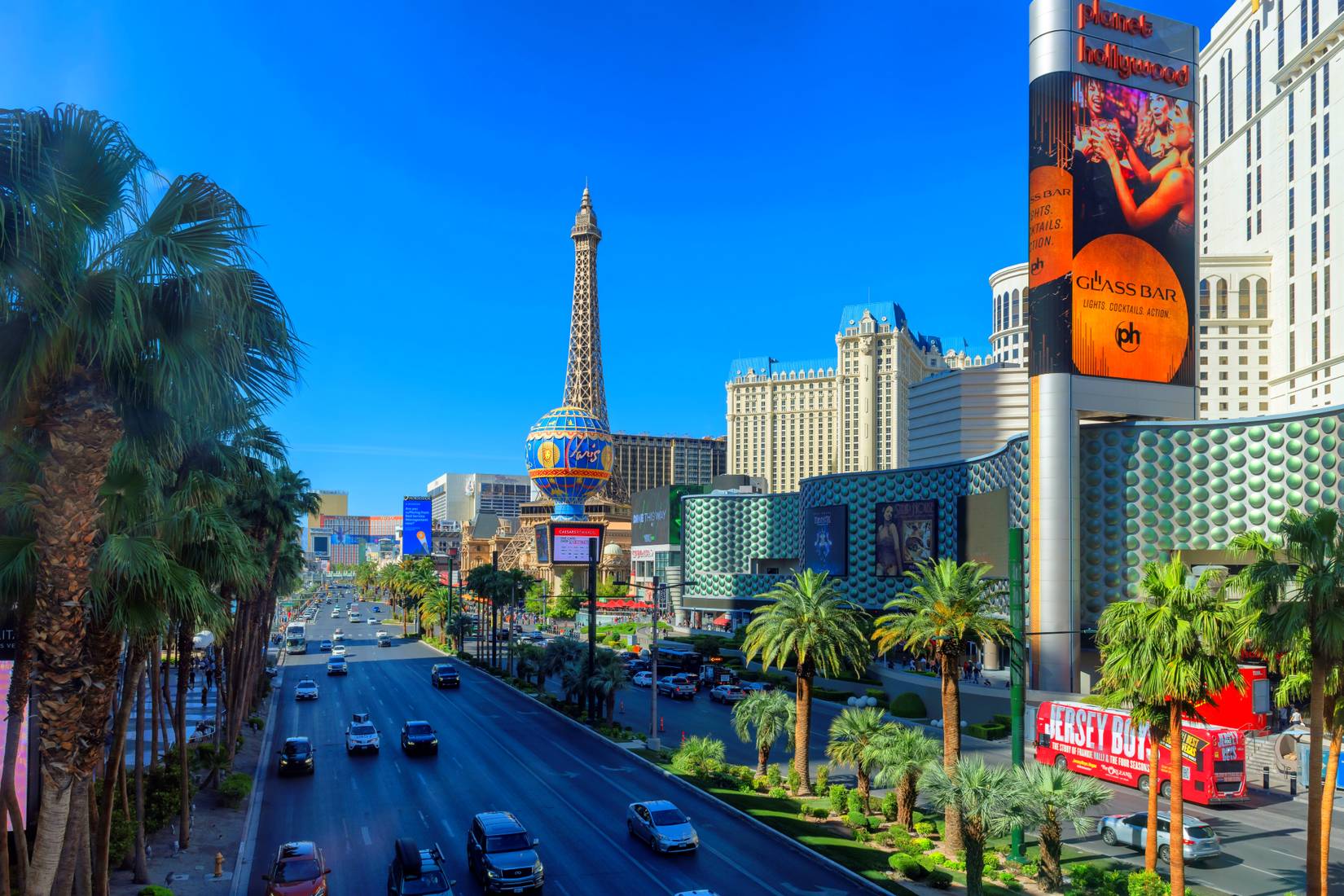 Las Vegas Strip, Nevada, NV, USA, with hotels and casinos at the road side on a sunny day