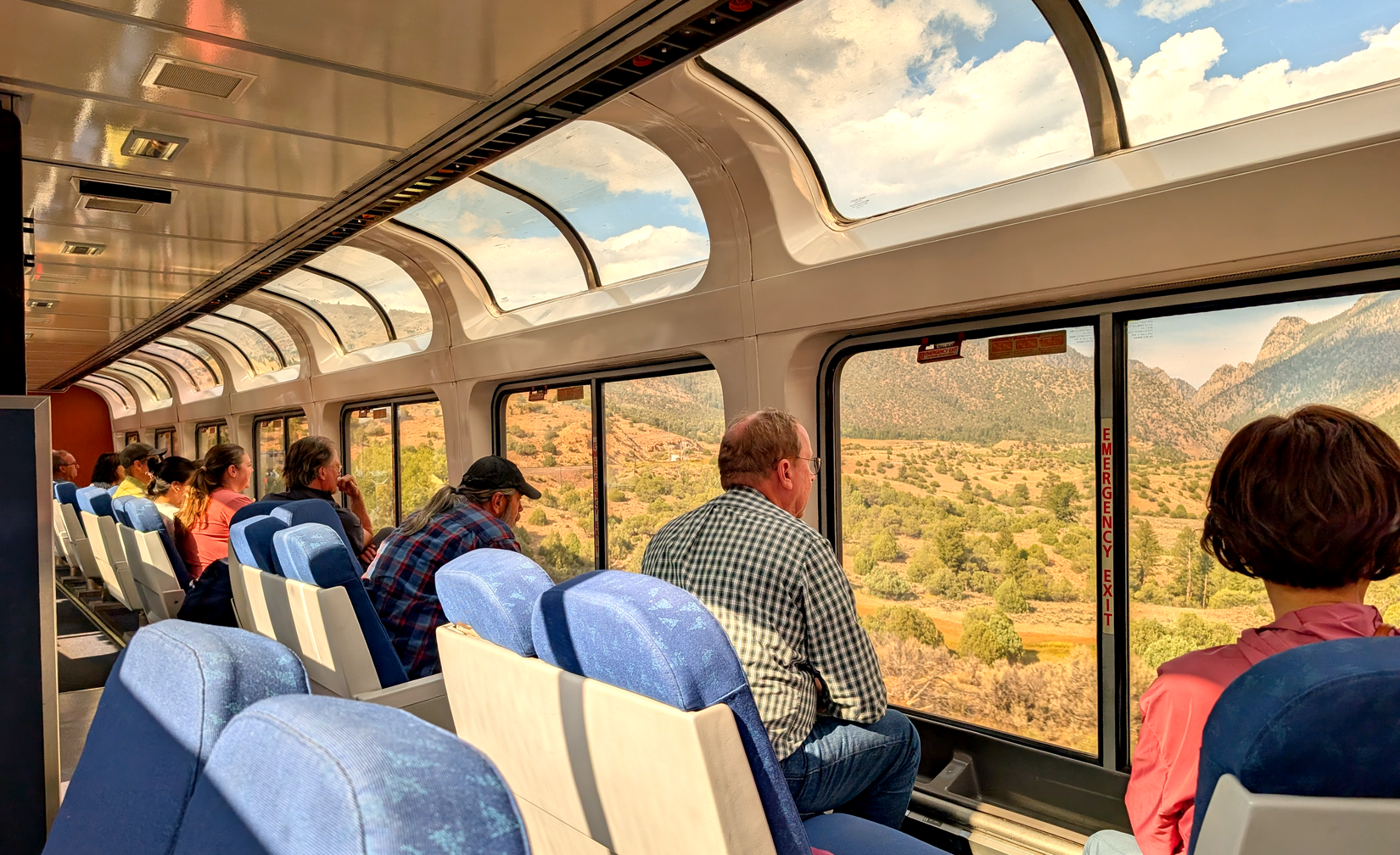 Visitors in California Zephyr's observation cars in Colorado