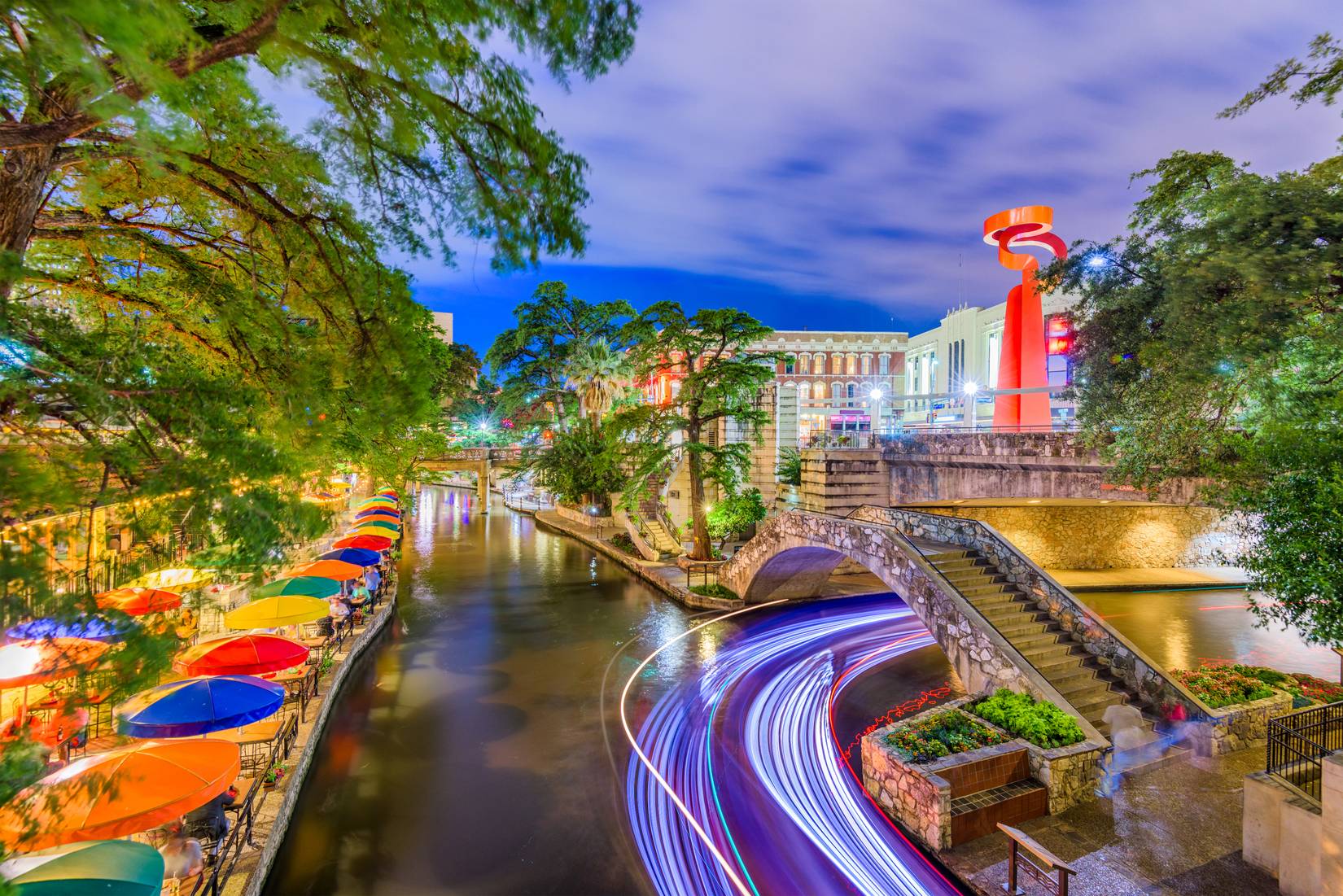 Evening view of River Walk in San Antonio, Texas.