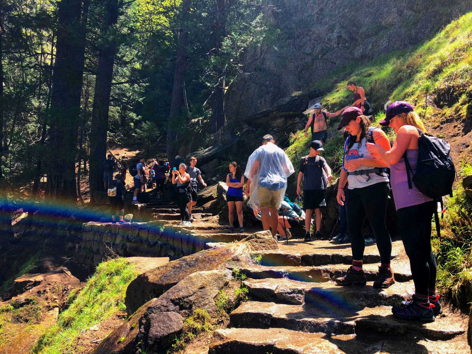 Tourists climbing the Mist Trail to the top of Vernal falls in Yosemite National Park, California, CA, USA
