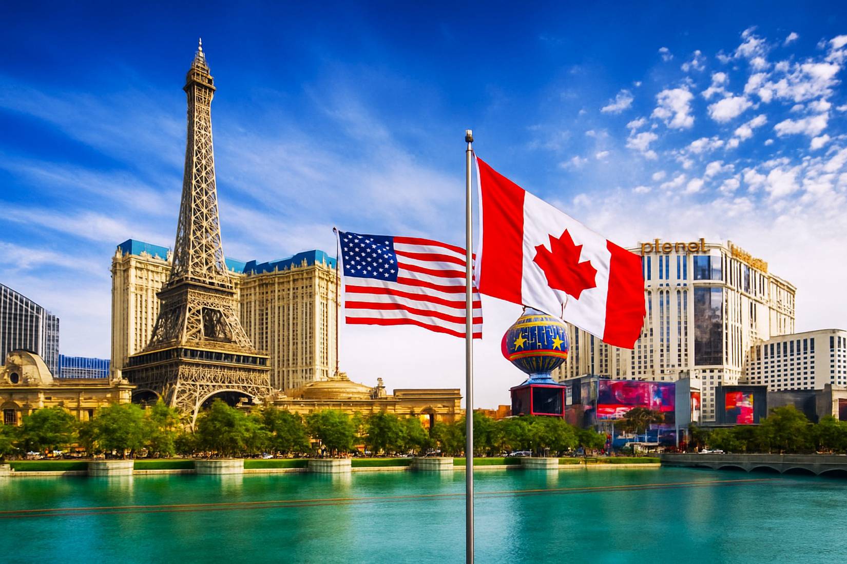 Las Vegas Eiffel Tower and Paris hotel and casino on The Strip viewing from the Bellagio side