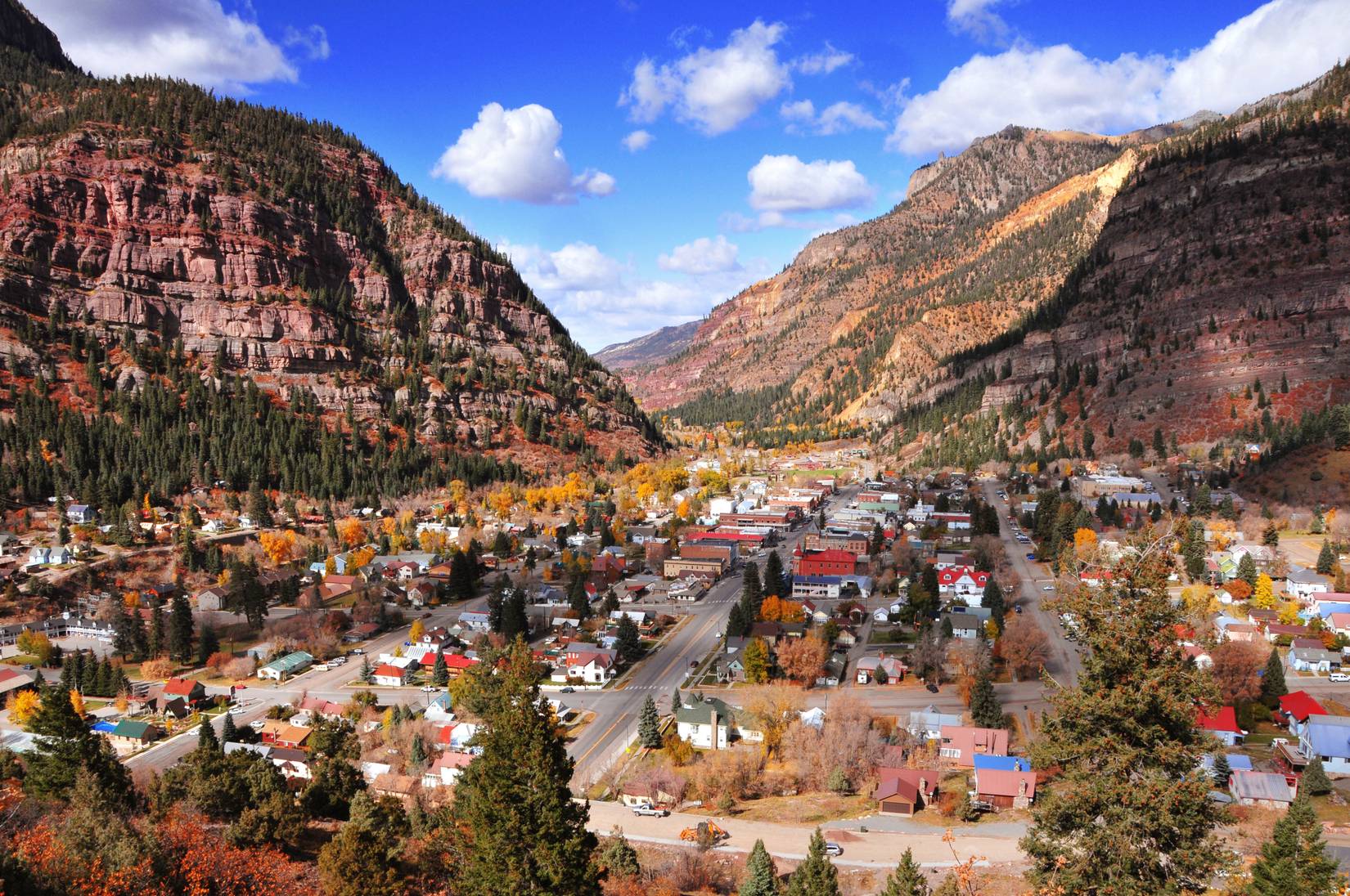 Aerial view of Ouray, Colorado, in the fall