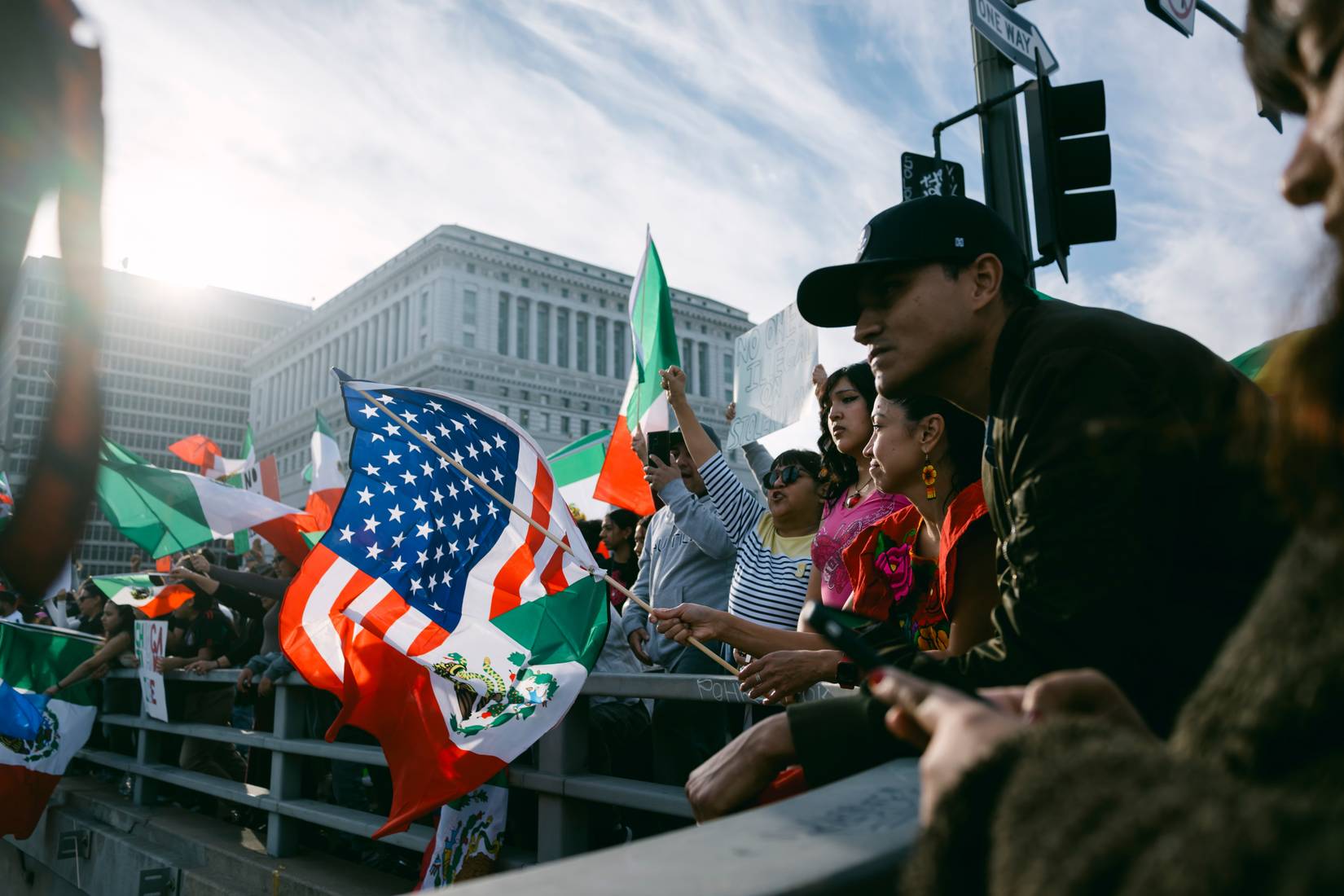 Mexican and U.S. flags seen during an immigration protest in Los Angeles, California