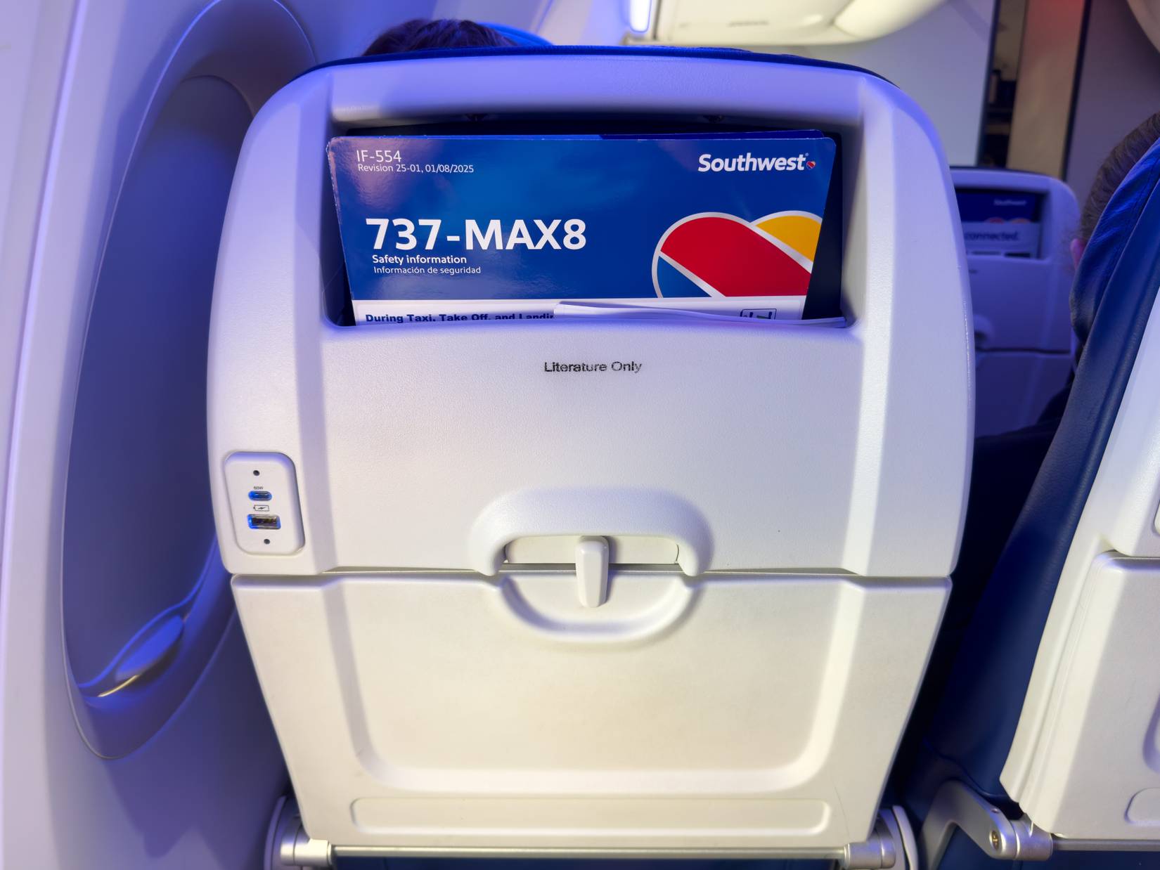  The seatback of a Southwest Airlines 737-MAX8 plane. 