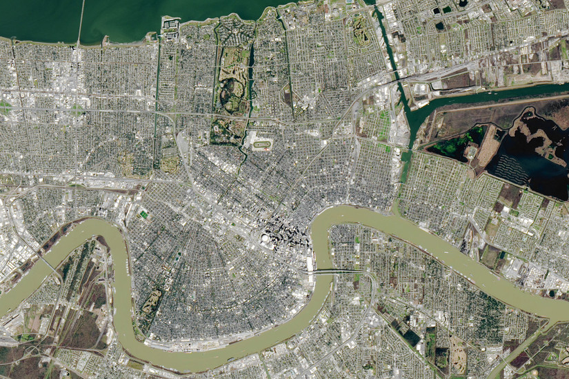 NASA's image of New Orleans, Louisiana, with the white Superdome visible in the city
