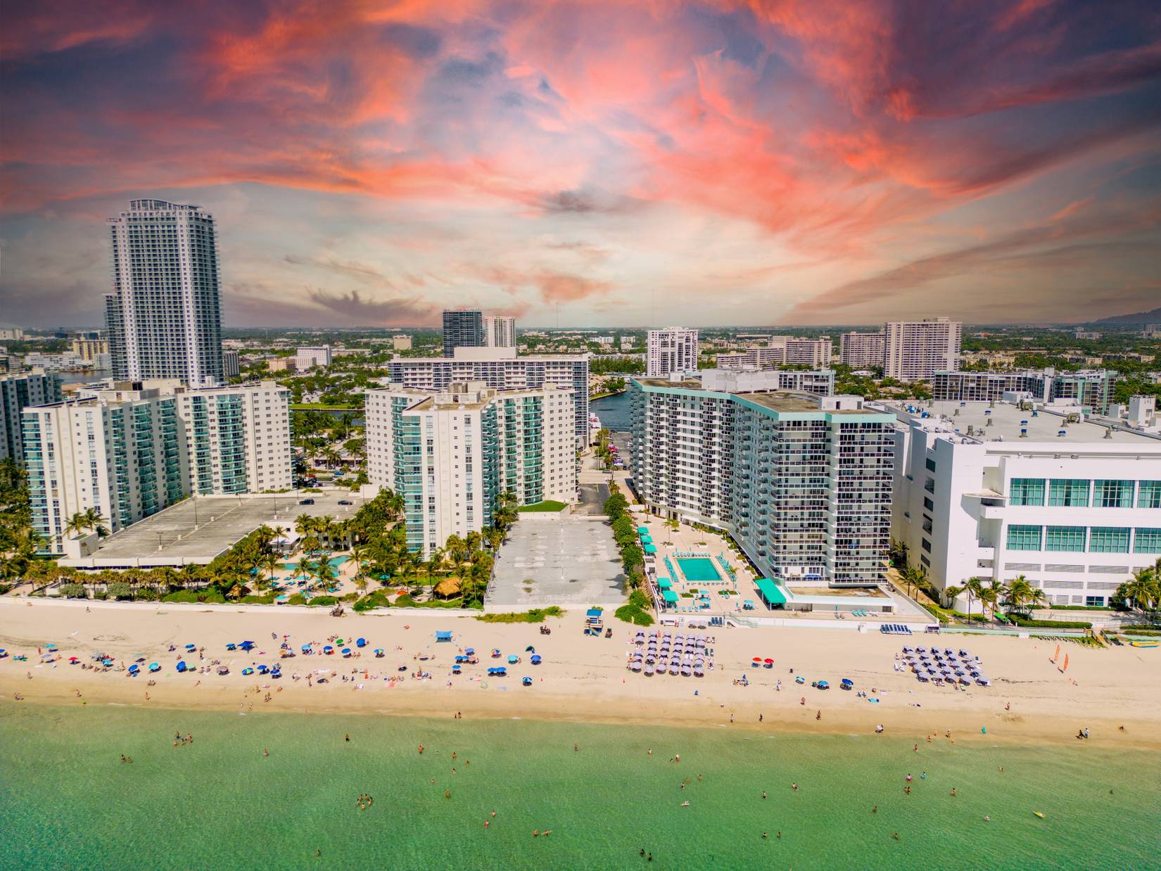 Sunset view of Hallandale Beach in Florida, FL, USA