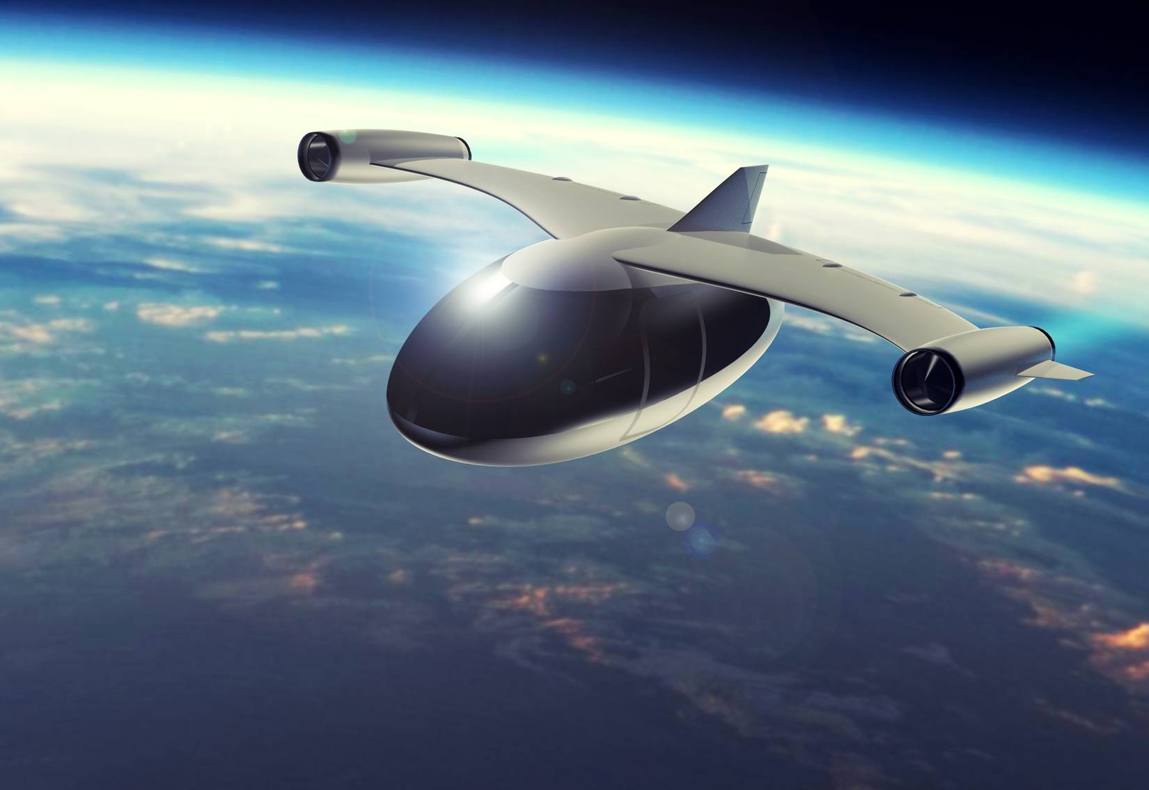 Concept of a futuristic space tourism aircraft flying high above the Earth. Elements of this image furnished by NASA.