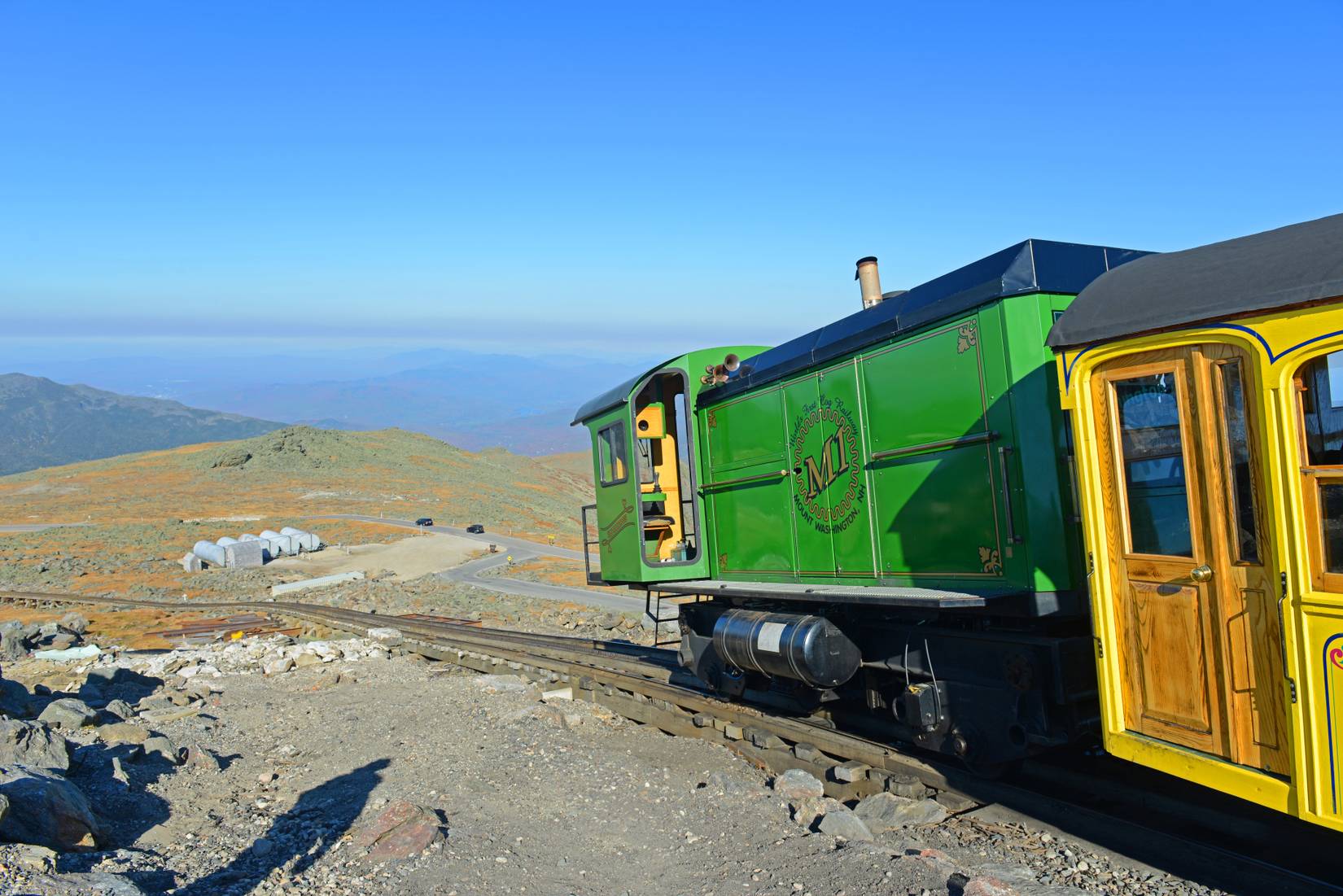 Mount Washington Cog Railroad at the top of Mount Washington in White Mountain, New Hampshire during fall