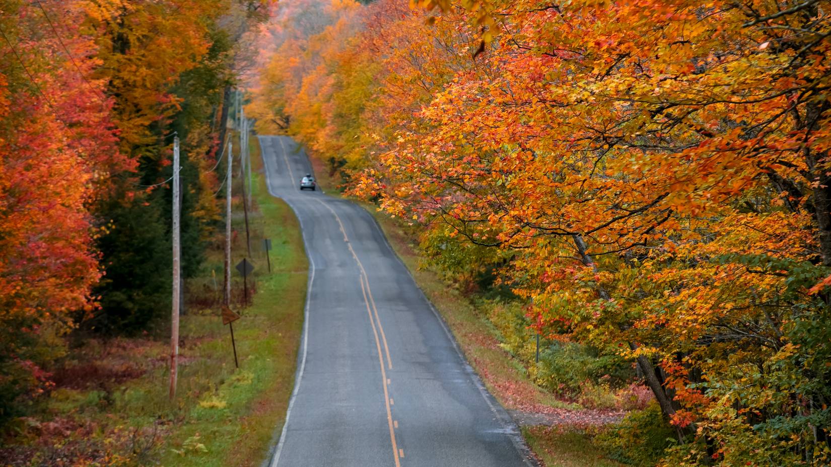 A view of autumn trees along Black River National Forest Scenic Byway in Michigan upper peninsula, MI, USA.