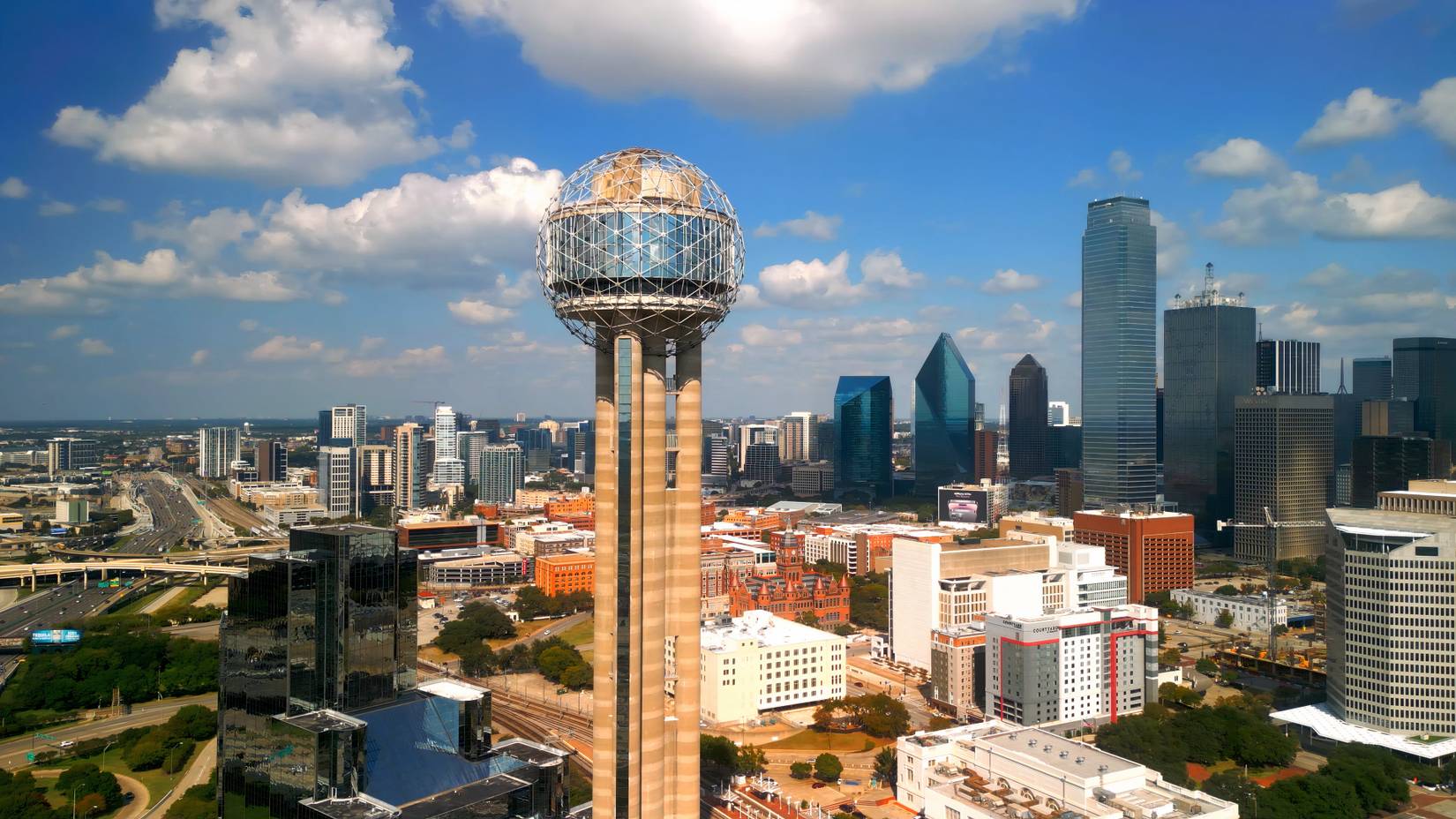 Reunion Tower at Dallas Downtown from above