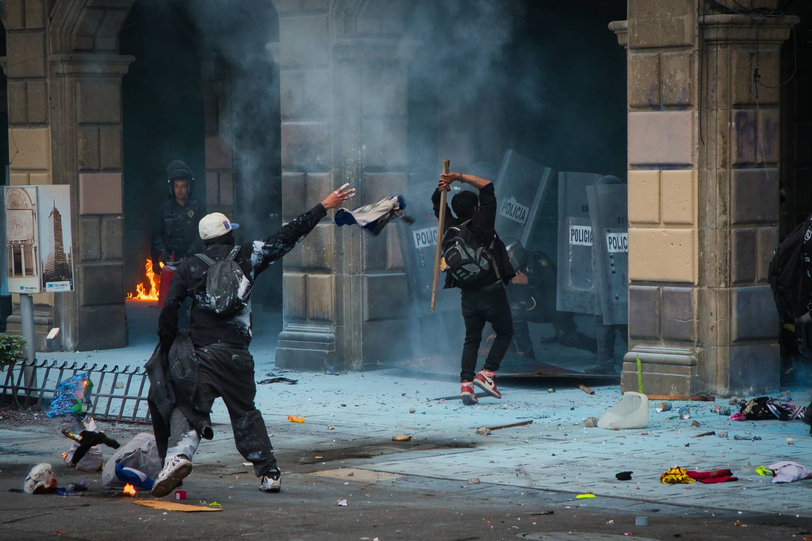Mexico City - October 2, 2025: Aggressive protest and violent clashes with police in Mexico City. Young people protesting the 1968 student massacre in the Plaza de las Tres Culturas in Tlatelolco.