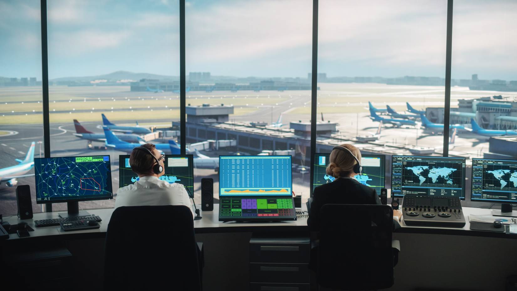 Two air traffic controllers, one male and one female, wearing headsets sit in front of multiple computers and look out of large windows of an air traffic control tower at a busy airport taxiway.