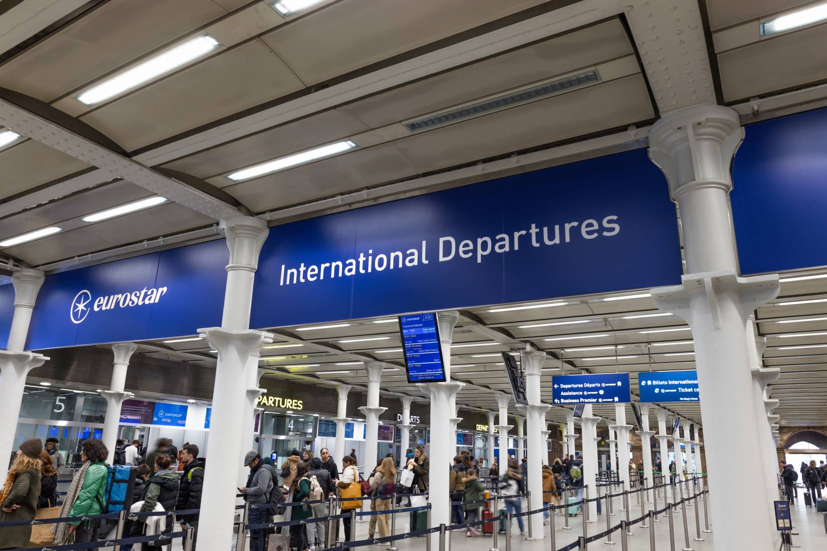 Eurostar International Departures Sign at St Pancras Station in London UK