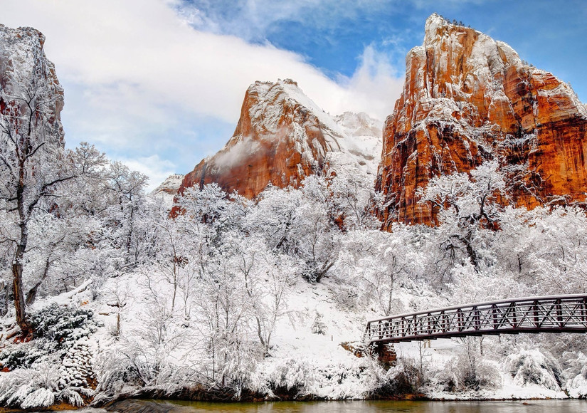 Zion National Park in the winter after fresh snowfall.