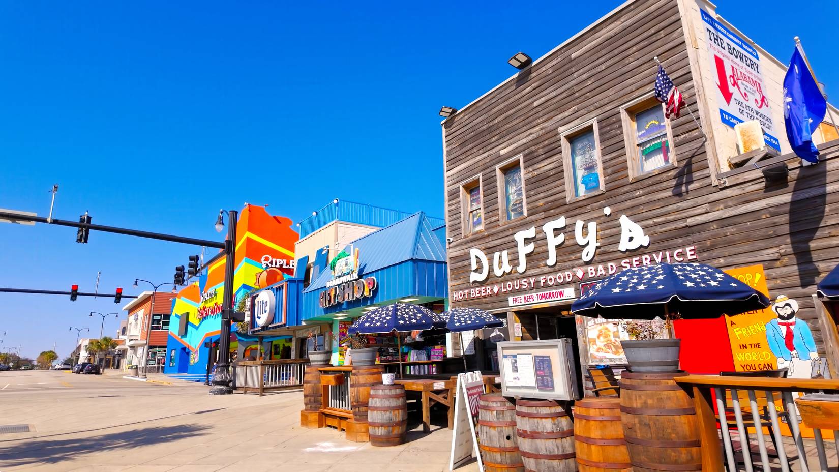 Restaurants and stores along the boardwalk in Myrtle Beach, South Carolina, SC, USA