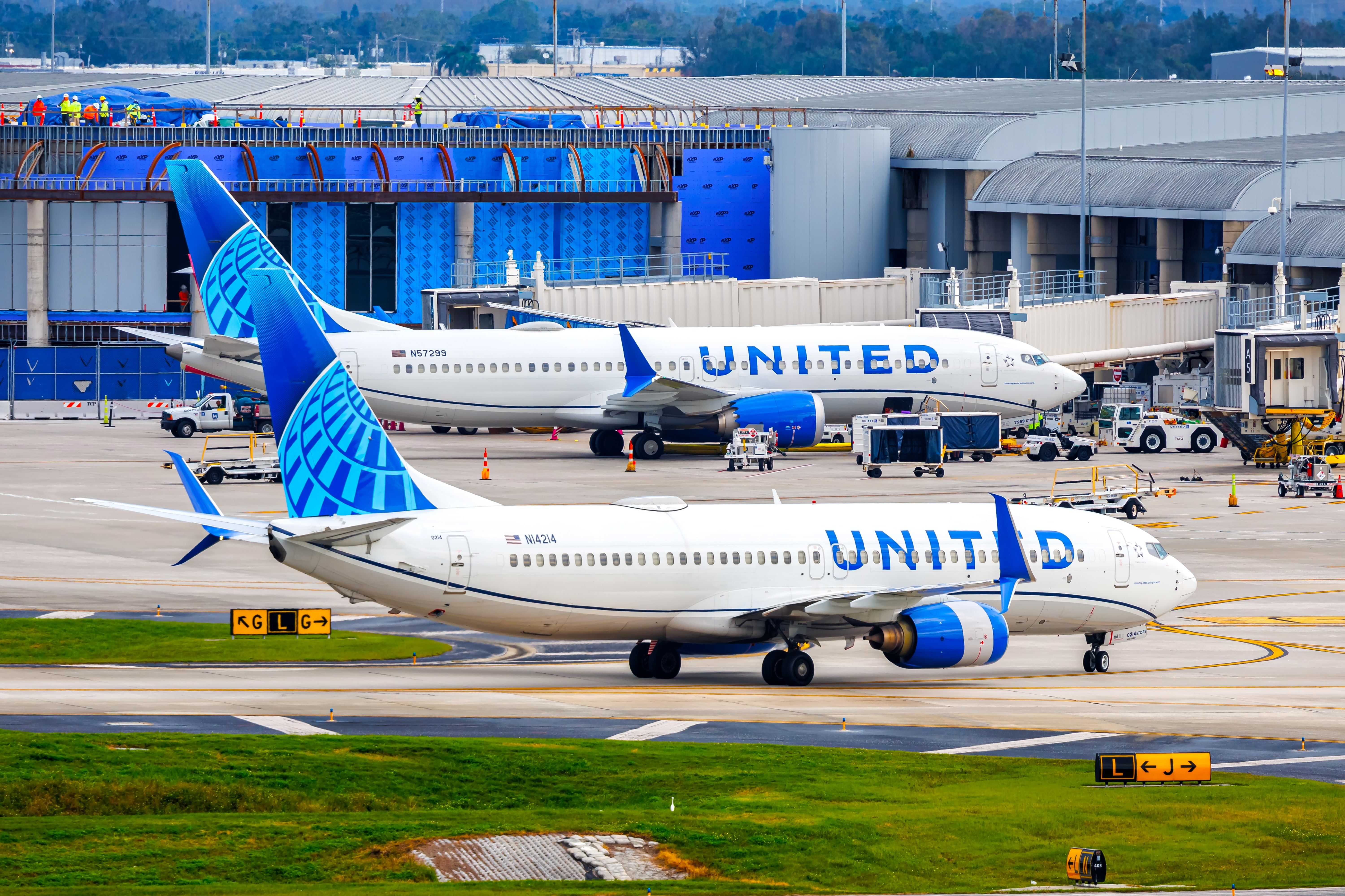 United Airlines Boeing 737 airplanes at Tampa Airport in the United States