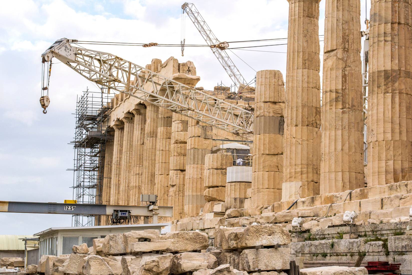 A view of the Parthenon under reconstruction at the Acropolis, Athens, Greece.