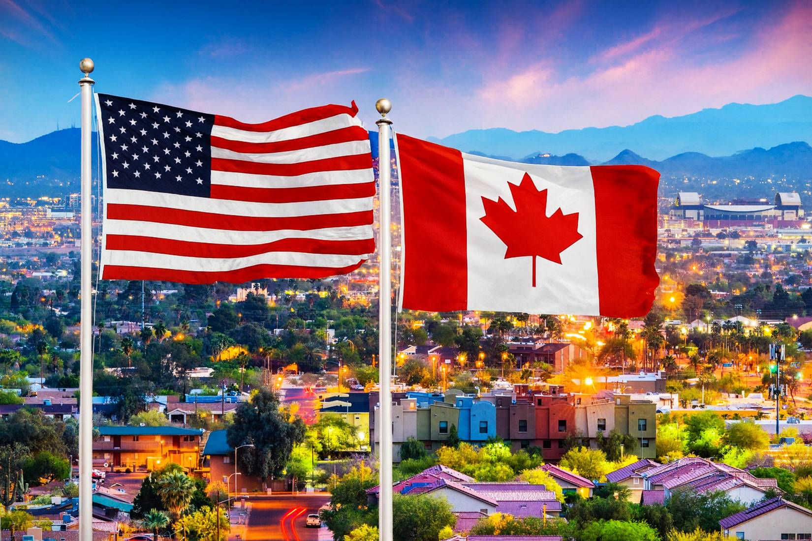United States of America USA flag and Canadian Canada flag in Phoenix Arizona AZ