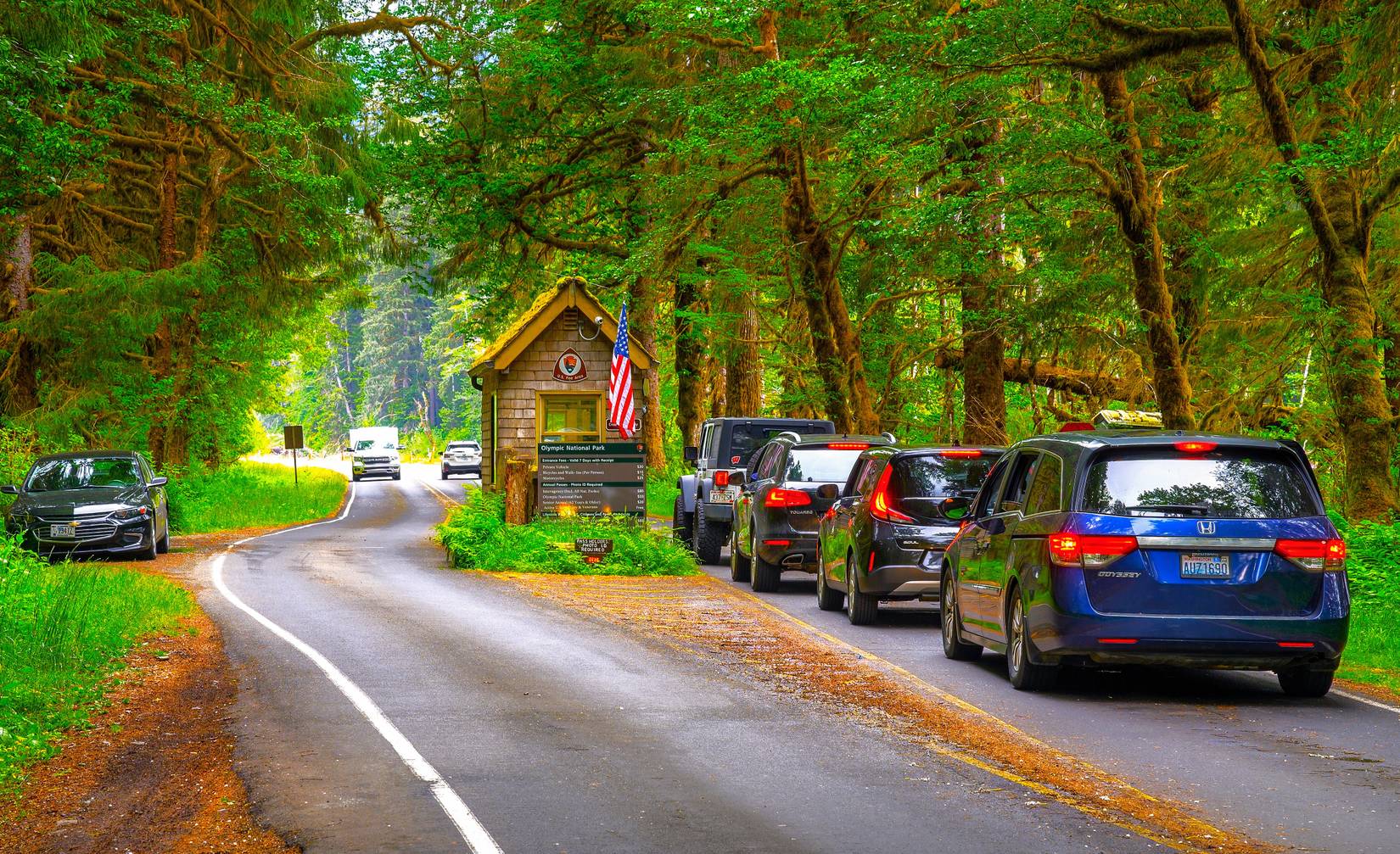 Vehicles in line waiting to enter Olympic National Park in Washington, WA, USA