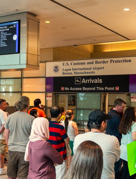 Interior of the arrivals hall and the U.S. Customs and Border Protection exit at Boston Logan International Airport in Boston, Massachusetts, MA, USA